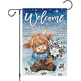 Heyfibro Welcome Winter Highland Cow Garden Flag 12x18 Inch Double Sided Burlap, Christmas Flower Pine Snowflake Snow Yard Flags for Seasonal Xmas Outside Outdoor Decoration (ONLY FLAG)