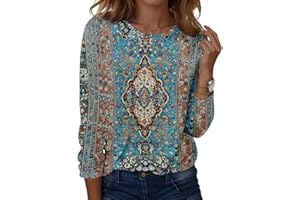 UDAUDU Long Sleeve Tees for Women Vintage Printed Loose Pullover Tops Crew Neck Casual t Shirts Winter Fashion Outfits