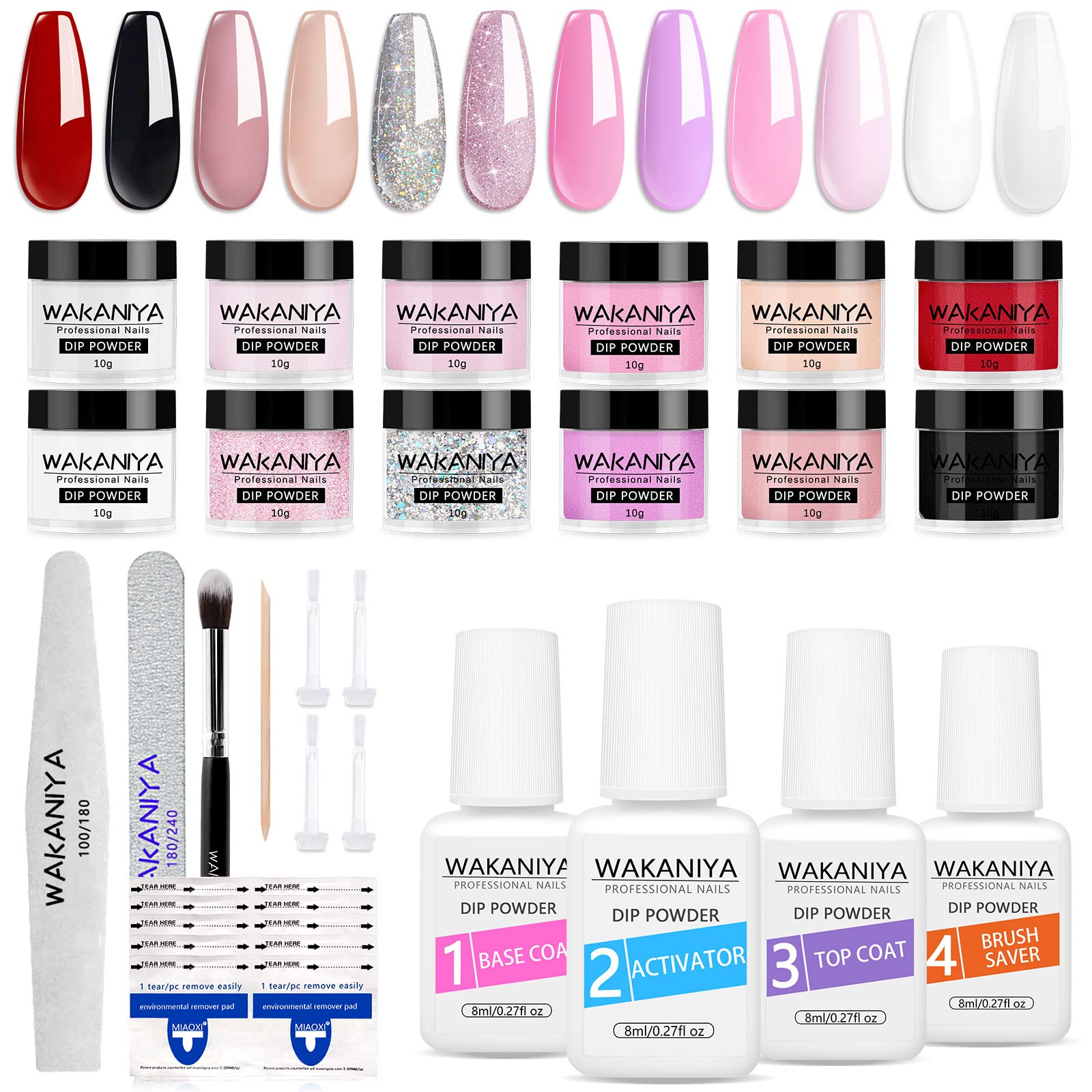 Dipping Powder Starter Kit, 12 Color Dip Powder Set with Base Top Coat Activator Brush Saver, Remover Wrap, Tools Kit, Clear White Nude Glitter Dip Powder Full Set for French DIY Nail Art Manicure Kit