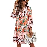 Bluetime Women Casual Summer Dress Boho V Neck 3/4 Sleeve Babydoll Floral Print Flowy Beach Dress