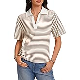 Rooscier Women's Polo Collar Striped Drop Shoulder Short Sleeve Loose Ribbed Casual Shirt