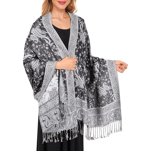 Forever Jewelry Women's Pashmina Scarf Wrap – Paisley Black White – Silk Cashmere Blend