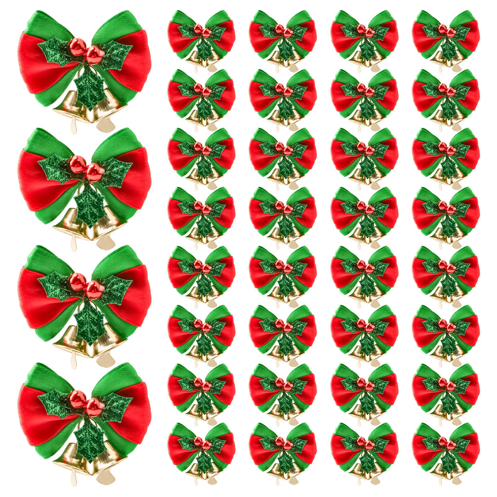 WANDIC Christmas Bow with Bells, 32 PCS Mini Bowknot Ornaments, Polyester, Christmas