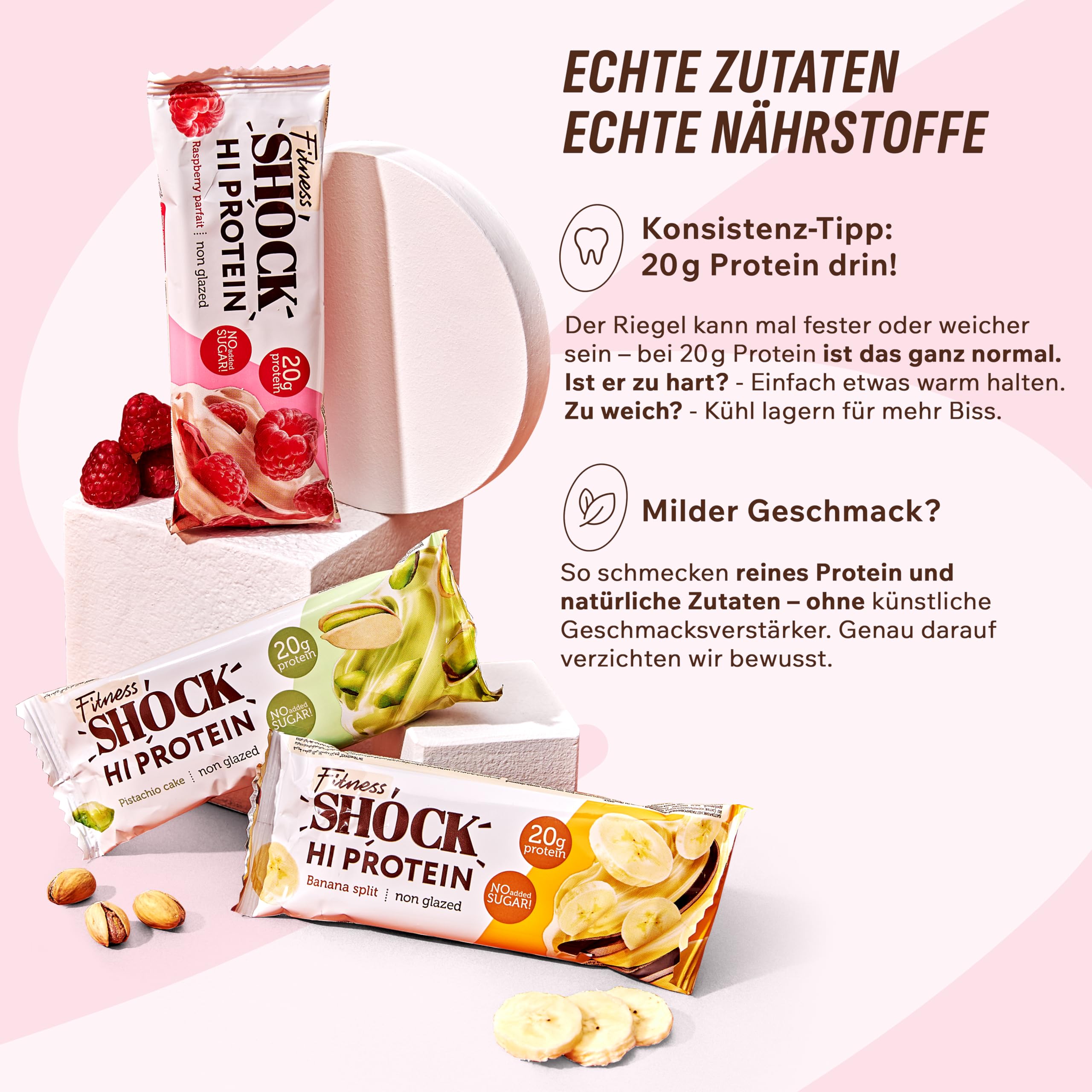 FitnesSHOCK High Proteinriegel Set mit hohem 20g Proteingehalt Eiweißriegel ohne Zuckerzusatz kalorienarm low carb ballaststoffreich Himbeere-Parfait Geschmack 12Stk 60g 7