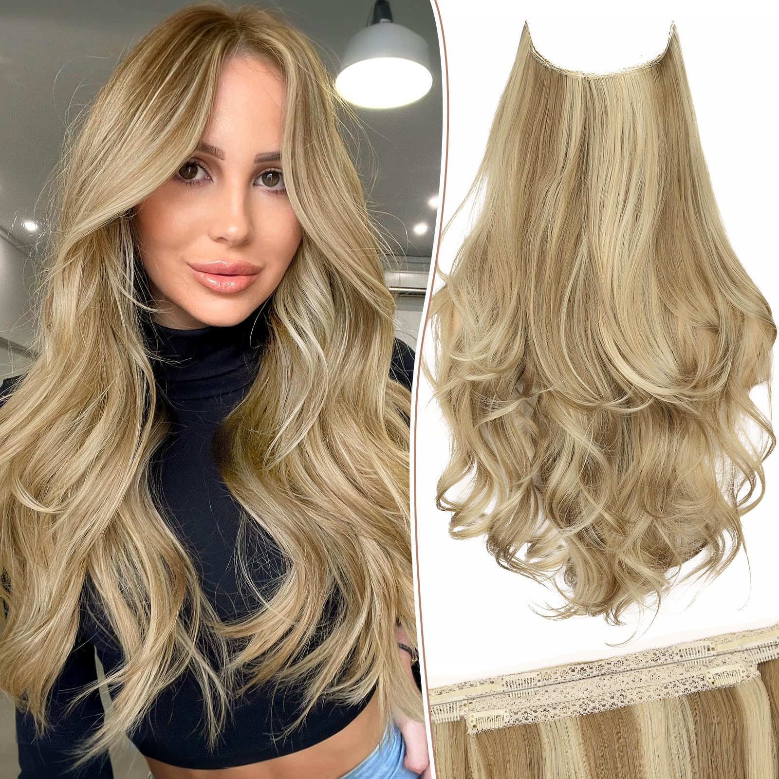 Photo 1 of KooKaStyle Invisible Wire Hair Extensions Long Wavy Layered Synthetic with Transparent Headband Adjustable Size 6 Secure Clips Hairpieces for Women (20 Inch, Light Brown Mix Golden Blonde)