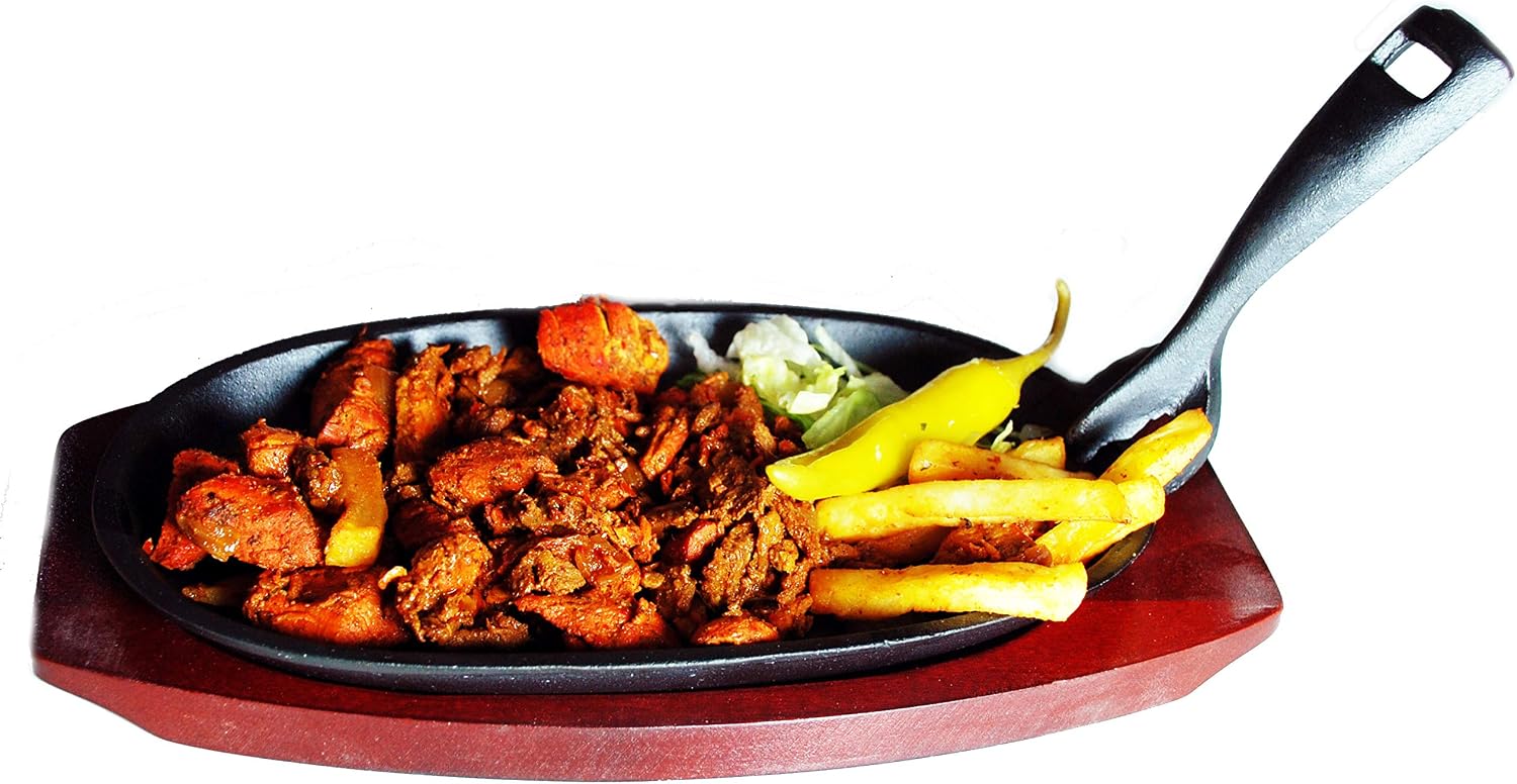 Buckingham Pre-Seasoned Cast Iron Sizzler Serving Dish/Steak Platter with Wooden Stand, Wood, Black, 24 cm x 14 cm