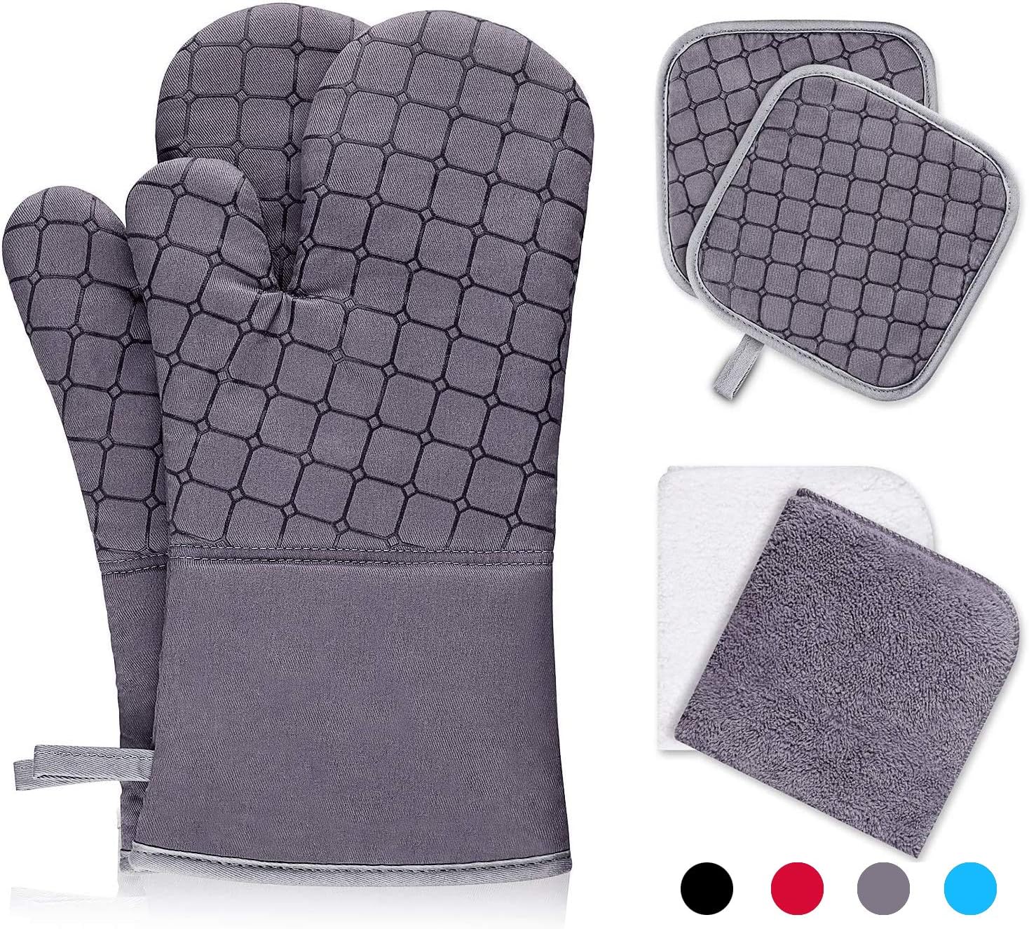 IXO 6Pcs Oven Mitts and Pot Holders, 500℉ Heat Resistant Oven Mitts with Kitchen Towels Soft Cotton Lining and Non-Slip Surface Safe for Baking, Cooking, BBQ: Home & Kitchen