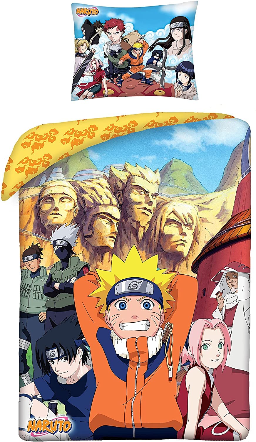 NARUTO SHIPPUDEN Cotton Bedding Set, Duvet Cover 140 x 200 cm and Pillowcase 70 x 90 cm - 100% Cotton, Multi-Colour