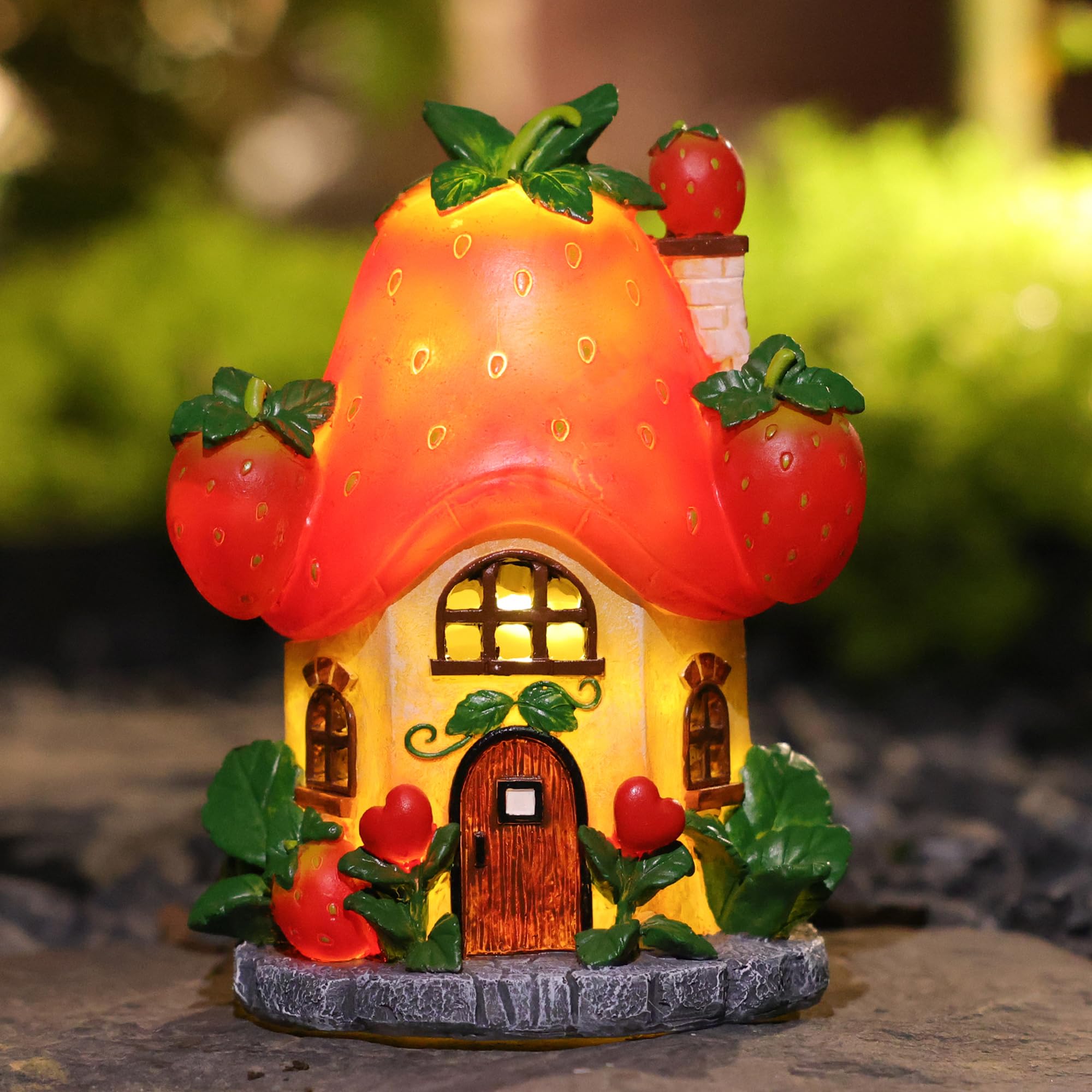 EPTUEGA Solar Fairy Garden Houses - Fairy Outdoor Decor Strawberry Houses with Solar Light for Patio Balcony Yard,Lawn Ornament Perfect Garden Gift