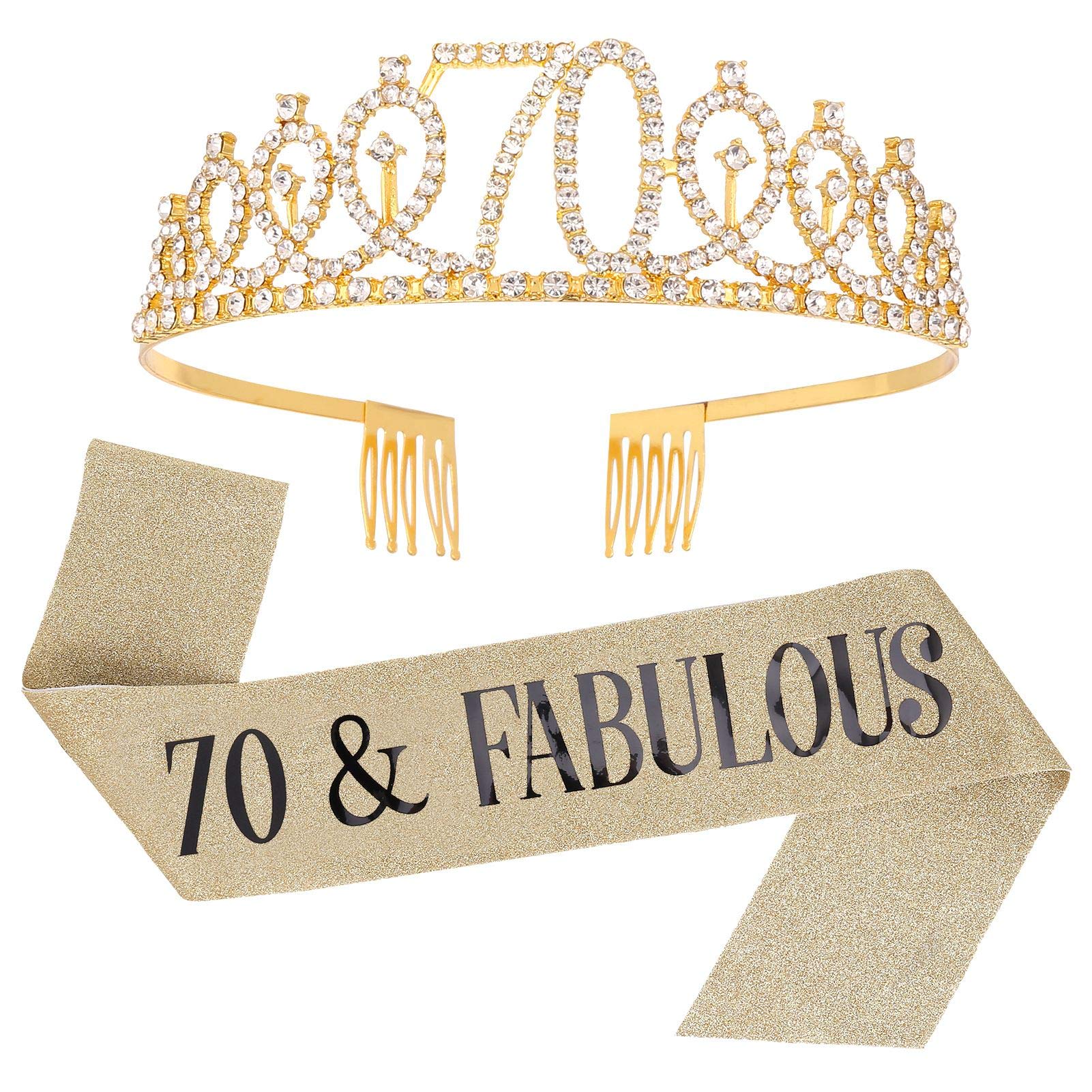 SUSSURRO "70 and Fabulous Sash and Rhinestone Tiara Set,70th Birthday Gifts Birthday Sash for Women Birthday Party Supplies( Gold)