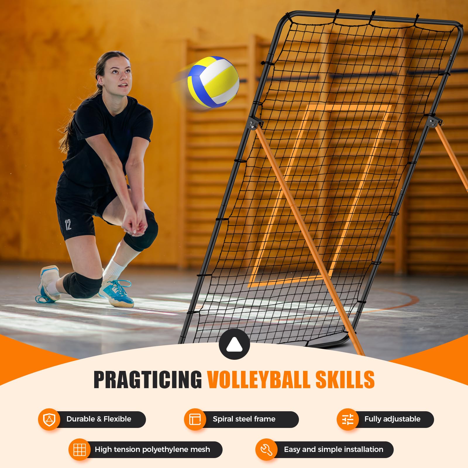 Volleyball Rebounder Net - Portable 7x4 ft Training Equipment for Spike and Smash Practice - 5 Rebound Angles Custom Target Area for Volleyball Sports Training,Orange