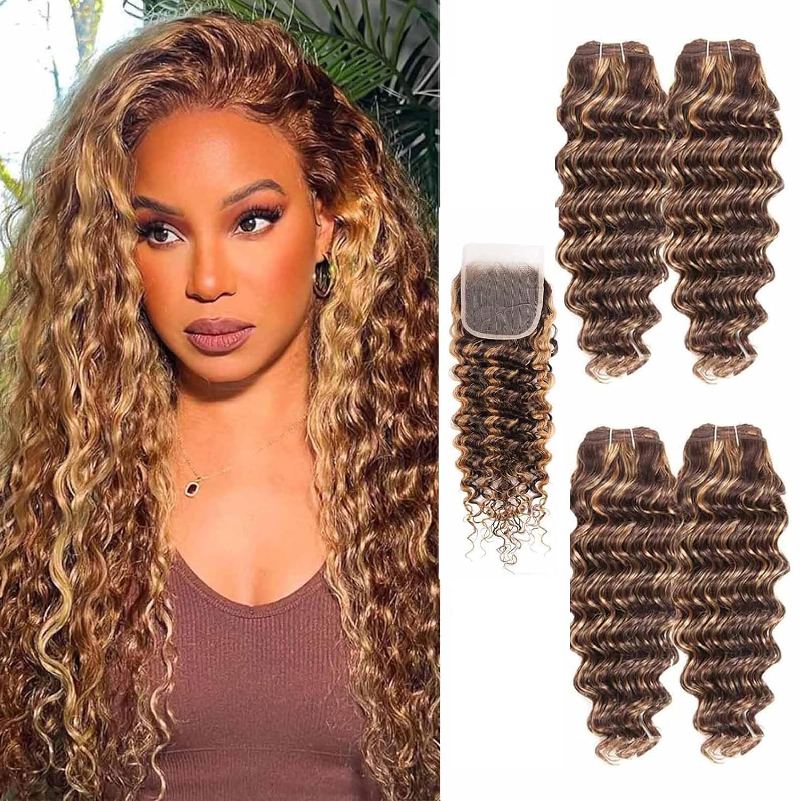 Photo 1 of Highlight Bundles Human Hair with Closure (16 18 20 22+16inch) 10a Brazilian Deep Wave Human Hair 4 Bundles with 4x4 Closure 4/27 Color Ombre Brown Blonde