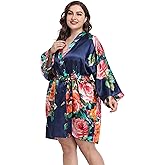 Women's Plus Size Floral Silky Robes Bride Bridesmaid Short Satin Bathrobe Kimono Loungewear Dressing Gown