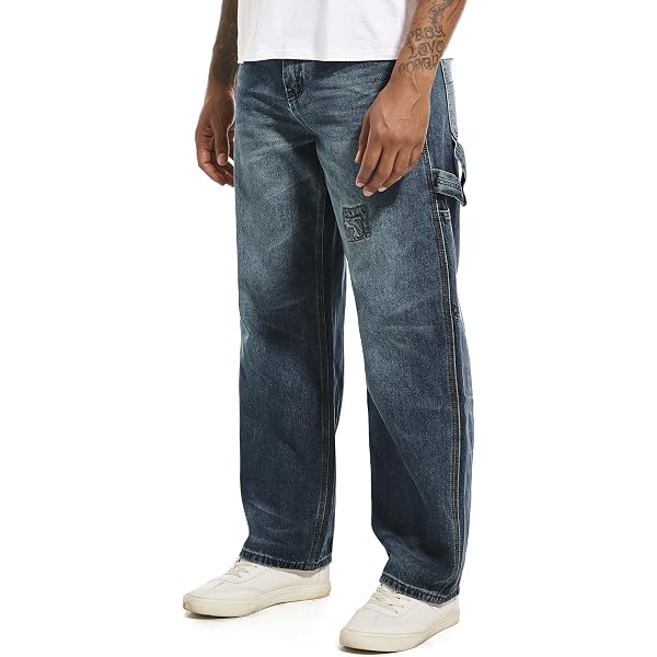 Jeans Rectos Relajados Para Hombre - Corte Holgado, Con Cordón, Tela Elástica, Ideales Para Trabajo O Diario