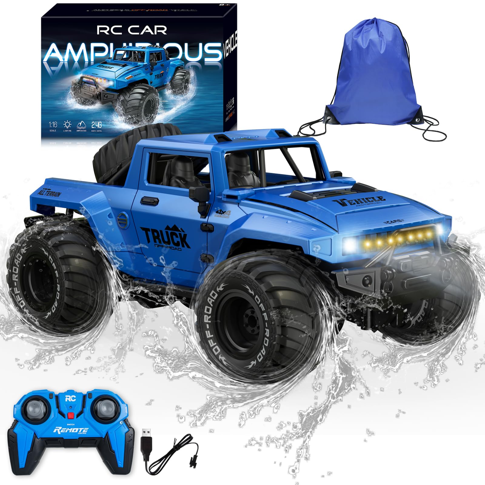 BORSCELLOR Remote Control Car, Amphibious RC Cars 1:16 Waterproof Remote Control Monster Truck Toys for Boys, Off-Road Stunt RC Vehicle 360° Rotation with LED Light for Adults Kids