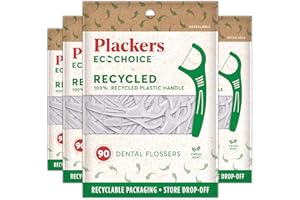 Plackers EcoChoice Fresh Mint Recycled Dental Flossers, Easy Grip Handle, Built in Toothpick, Made with 100% Recycled Food Grade Plastic, 360 Count (Pack of 4)