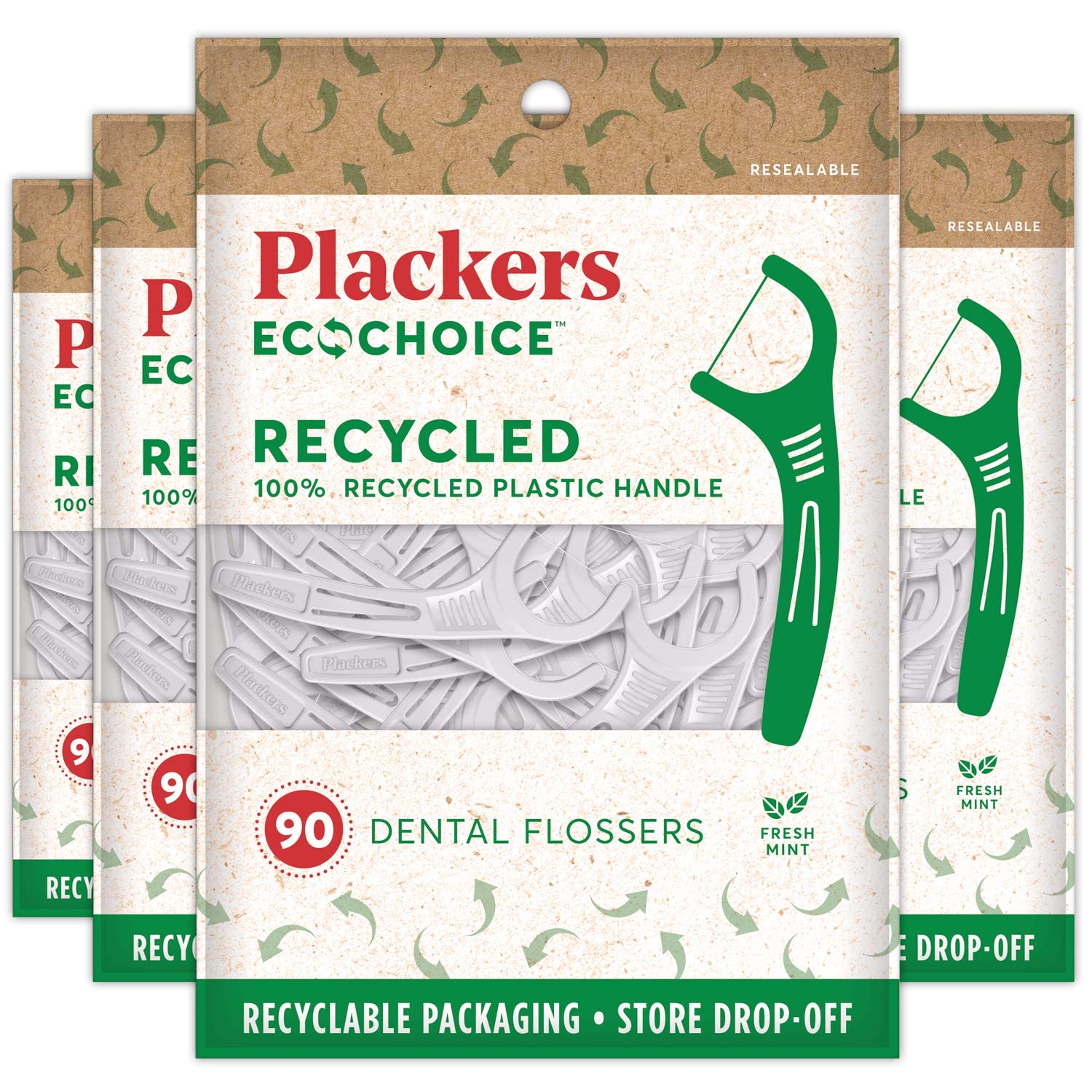 Photo 1 of Plackers EcoChoice Fresh Mint Recycled Dental Flossers, Easy Grip Handle, Built in Toothpick, Made with 100% Recycled Food Grade Plastic, 360 Count (Pack of 4)