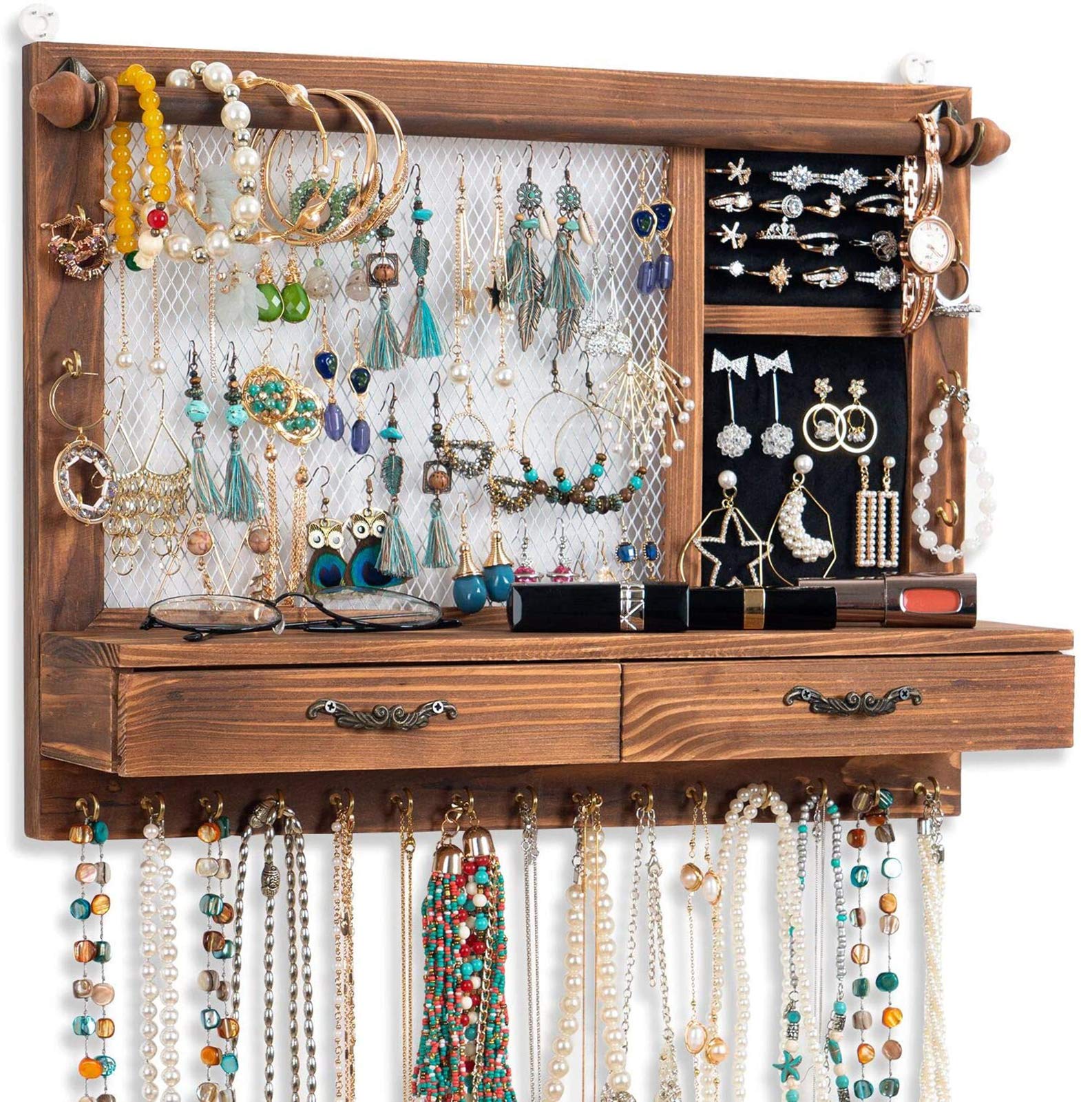 Wall Jewellery Stand Wall Mount Jewellery Holder Wooden Jewellery Organiser with Bracelet Bar 21 Hooks Drawer Qilicz Jewellery Storage for Earrings, Earrings, Necklaces, Bracelets, Rings, Accessories
