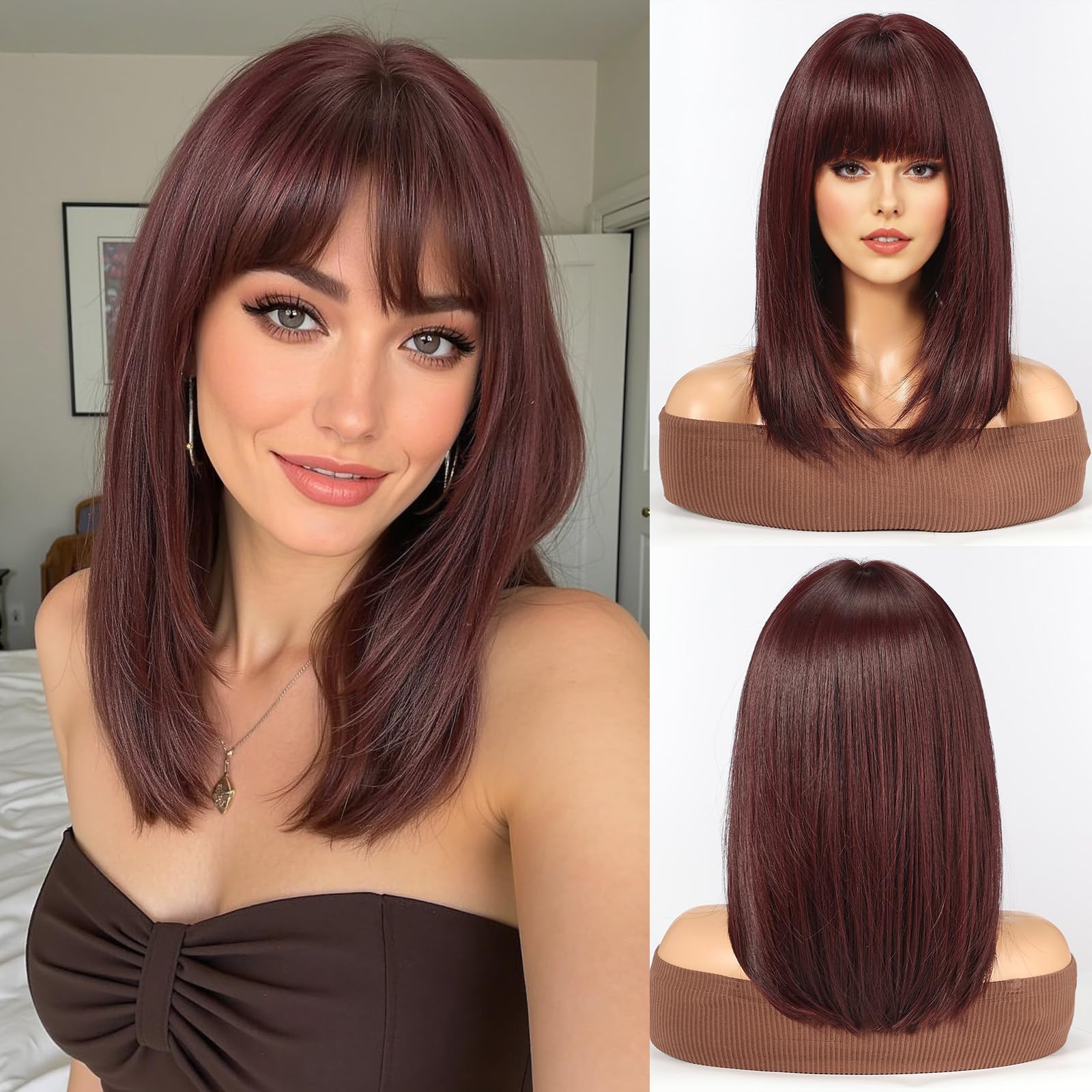 WOKESTAR Staright Wig with Fringe Synthetic Mid-length Layered Wigs for Women Wine Red Color