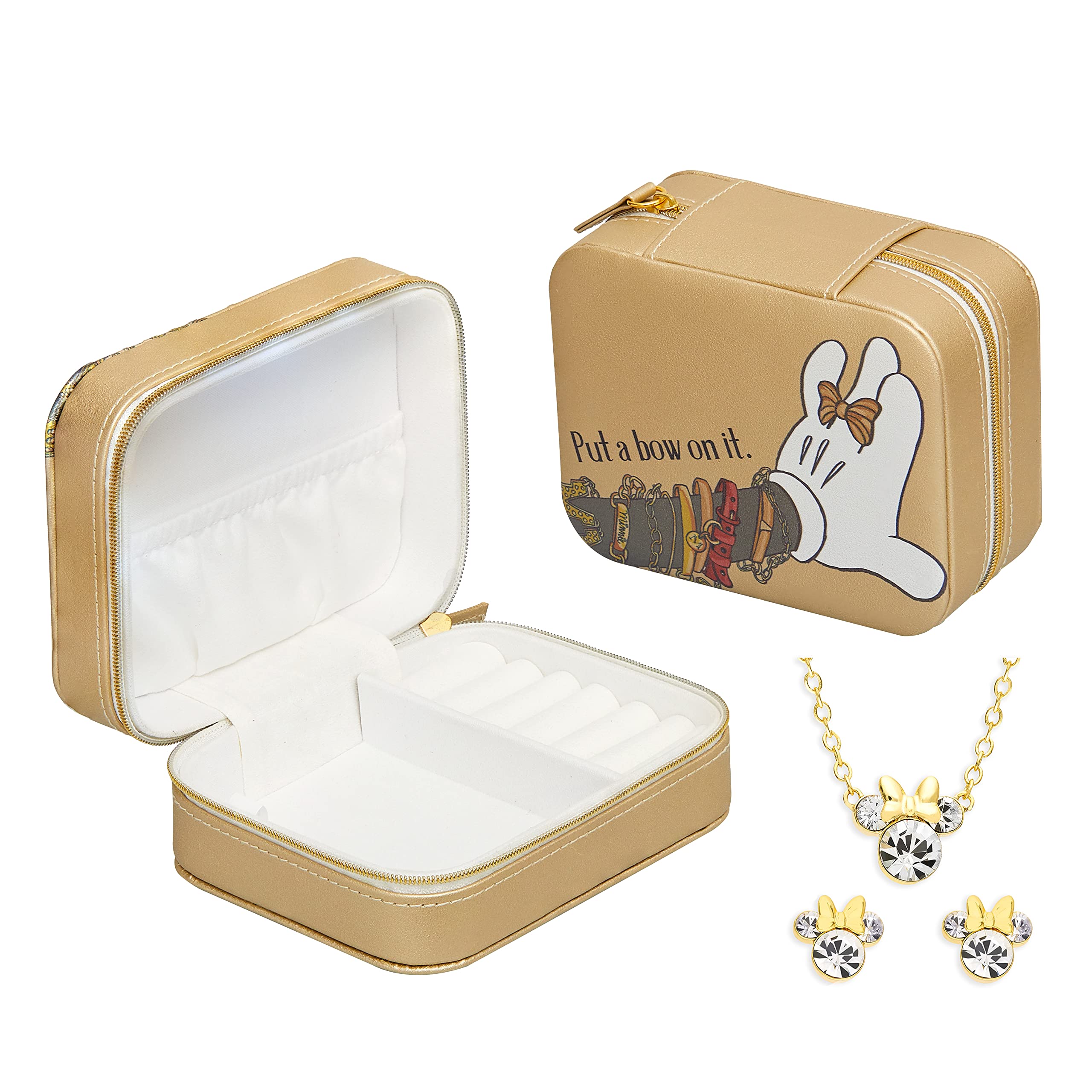 Disney Minnie Mouse Travel Jewelry Box with Pendant and Earrings Gift Set, Put A Bow On It Minnie Design