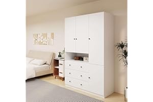 VivaVista White Armoire Wardrobe Closet with 3 Doors Wooden Bedroom Armoires Clothes, Wood Wardrobe Closets Storage Cabinet with Hanging Rod Shelves Drawers Closets