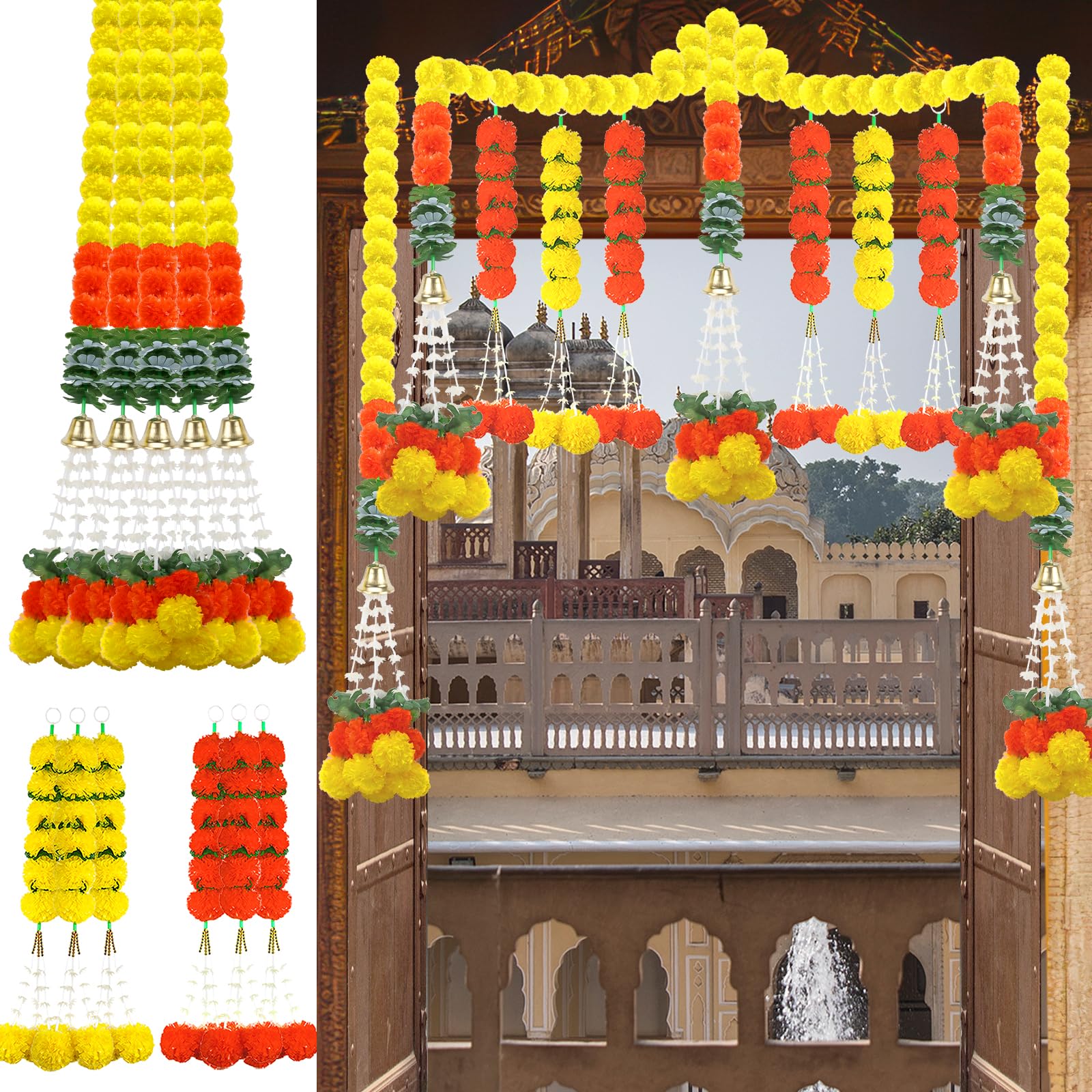 Photo 1 of 11PCS Diwali Decorations Marigold Garland for Home, Artificial Marigold with Bells and Leaves Long Strands for India Wedding, Pooja Decor, Marigold Flowers for Christmas Thanksgiving New Year