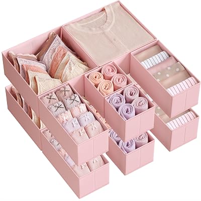 SONGMICS Drawer Organisers Set of 12 Foldable Fabric Storage Boxes Jelly Pink