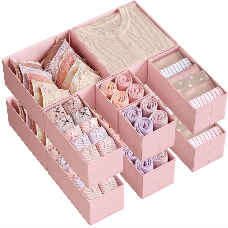SONGMICS Drawer Organisers Set of 12 Foldable Fabric Storage Boxes Jelly Pink