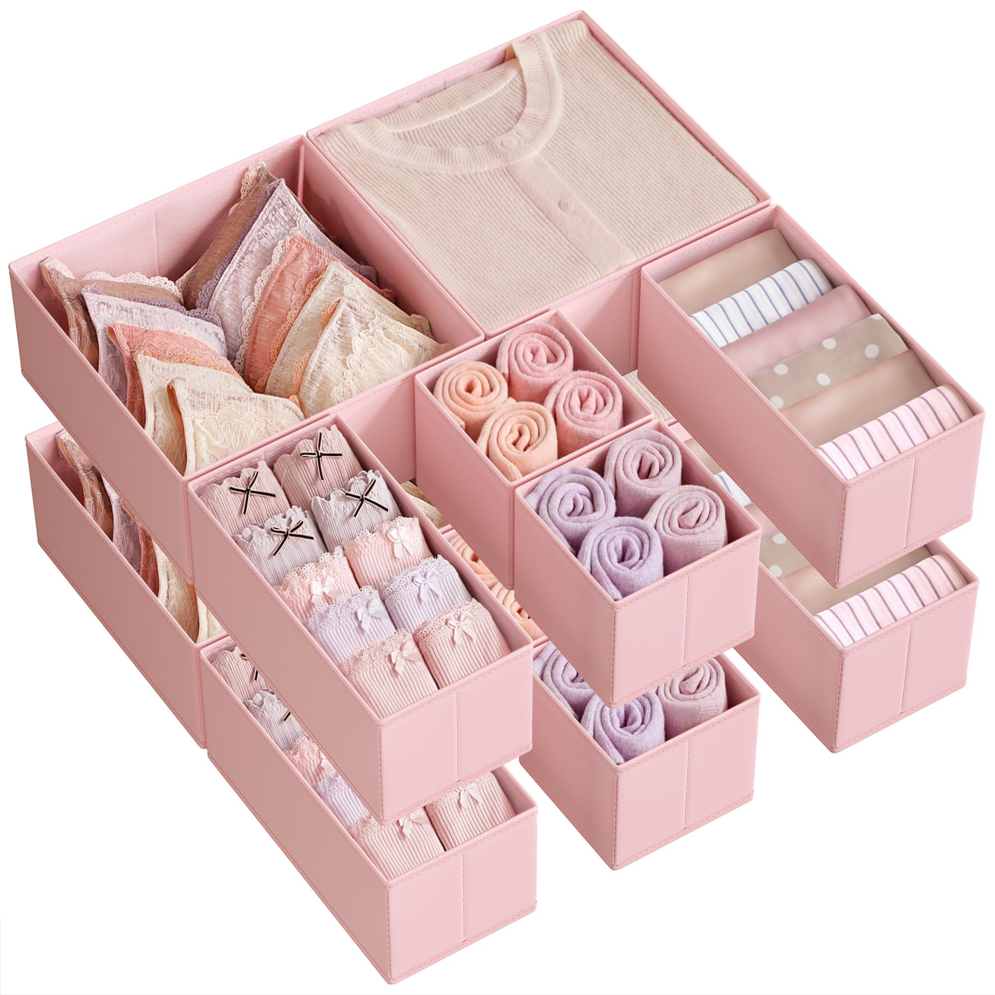 SONGMICS Drawer Organisers, Dresser Dividers, Set of 12, Foldable Fabric Storage Boxes for Socks, Underwear, Bras, Ties, Scarves, Jelly Pink RDZ006R01