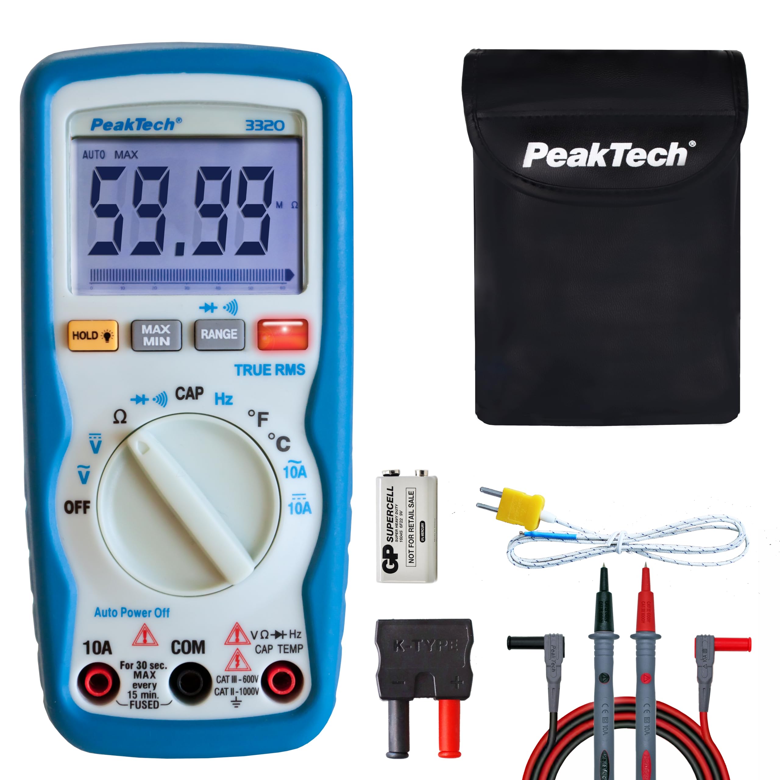 PeakTech Multimeter, P 3320 - Digital with TrueRMS, 10A AC/DC, 6000 Counts, Portable, Voltmeter, Autorange, Continuity Tester, Power Supply, Data Hold, LCD Display, CAT III 600 V