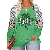 Women Plus Size St. Patrick's Day Shirt Lucky Shamrock Tees Green Heart Tshirt Irish Clover Tops