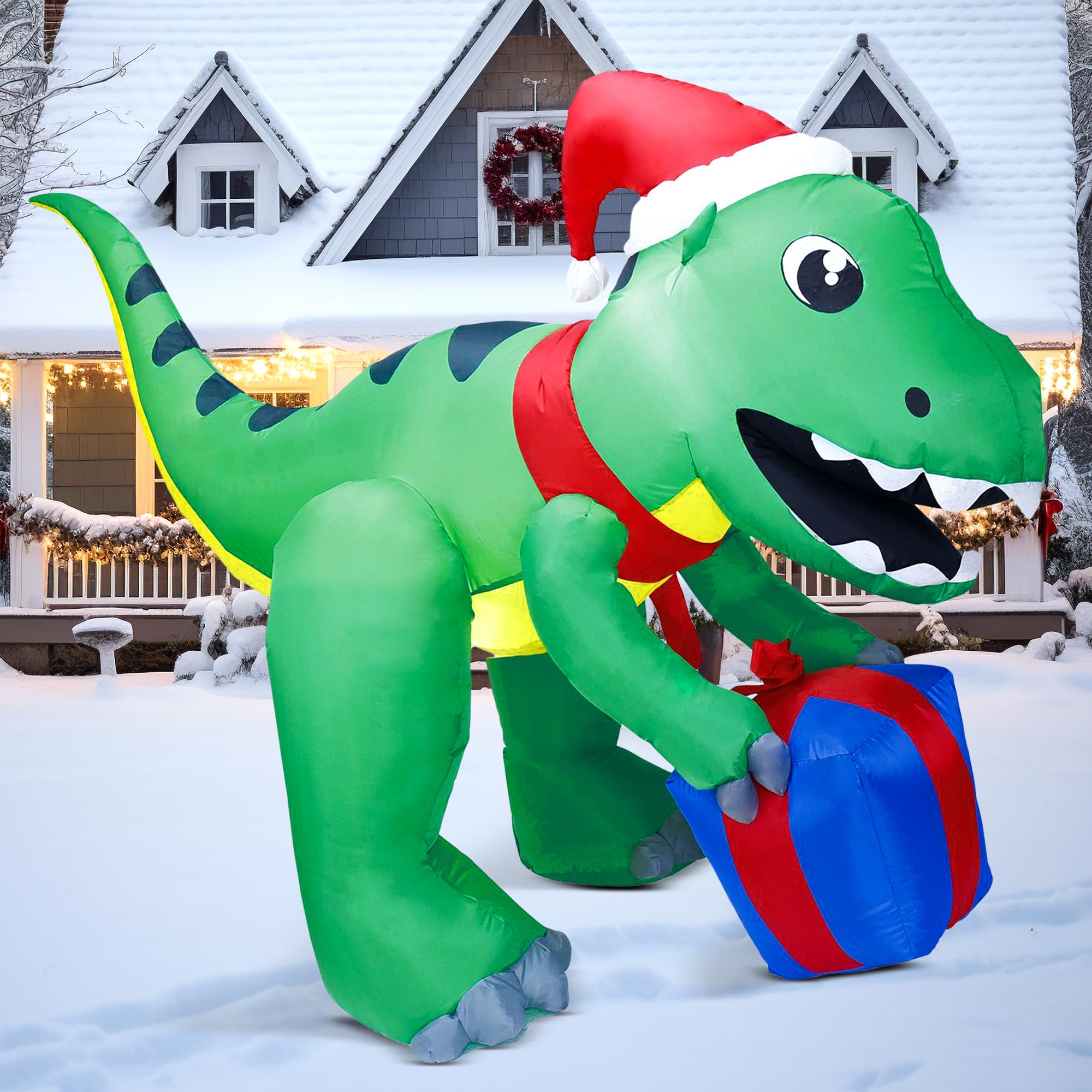 Joiedomi 5ft Tall Dinosaur Christmas Inflatable Decoration, Blow Up Dinosaur with Gift Box Inflatable Build-in LEDs Light Up Giant Christmas Yard Décor for Xmas Holiday Outdoor Garden Lawn Decoration