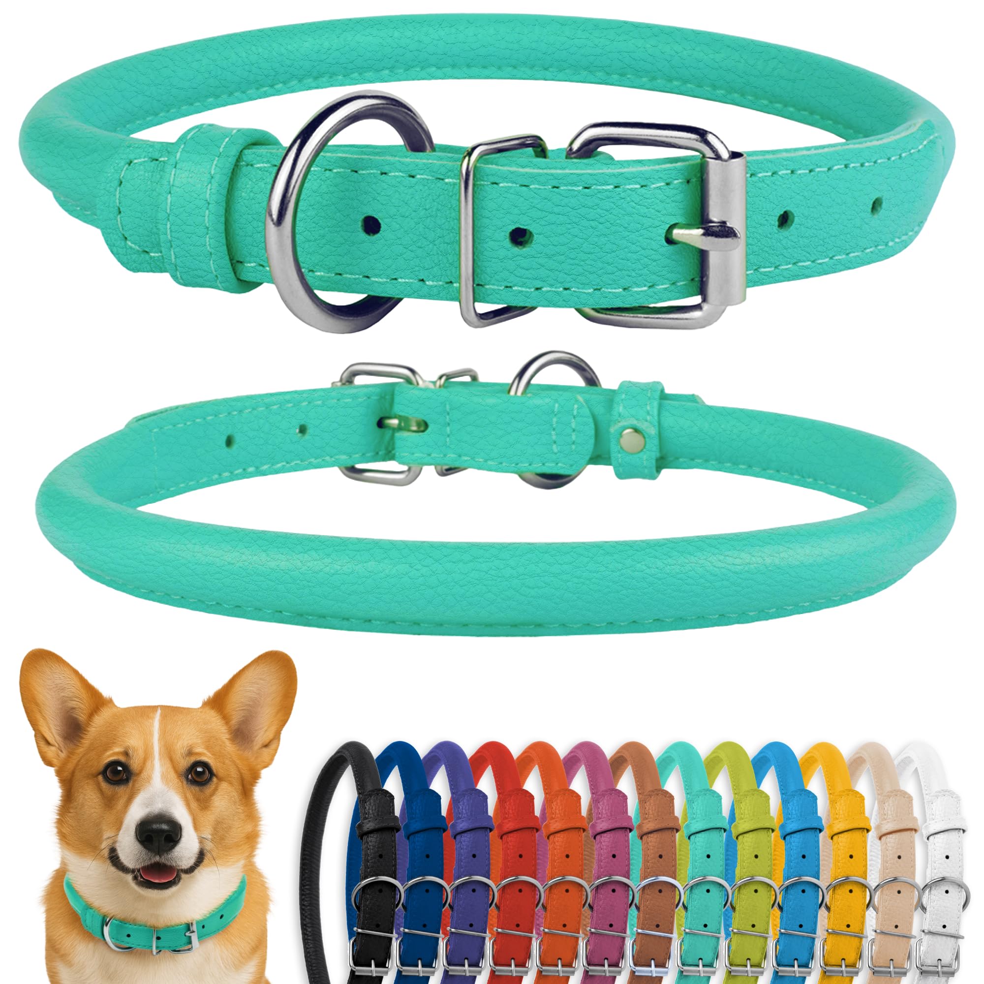 CollarDirect Rolled Leather Dog Collar, Soft Padded Round Puppy Collar, Handmade Genuine Leather Collar Dog Small Large Cat Collars Black Pink Red Purple Blue (Fits 12"-15" Neck, Mint Green)