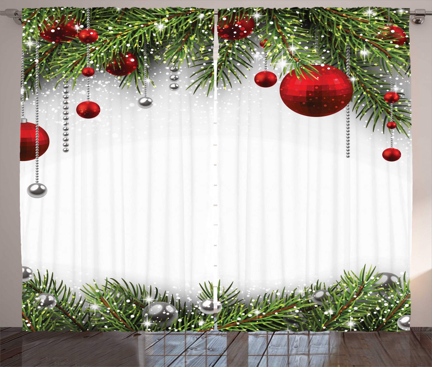 ABAKUHAUS Christmas Curtains, Holiday Season Backdrop with Pine Leaves Ball Classic Design Print, Living Room Bedroom Window Drapes 2 Panel Set, 280 x 225 cm, Multicolored Red