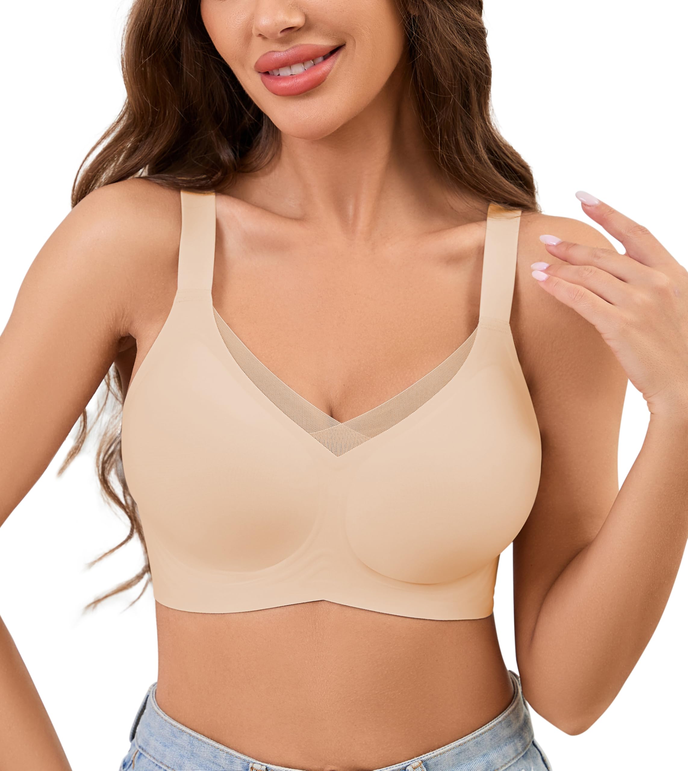 Photo 1 of POSESHE Deep V Mesh Bra Low Cut Sexy Push Up Bralettes for Women Padded Comfy Smoothing Wireless Lifting Seamless Bras Bralette Nude