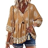 Vivilli Womens Summer Boho Babydoll Tops 3/4 Sleeve Pleated Peplum Blouses Casual V Neck Tie Front 2026 Tunic Tops