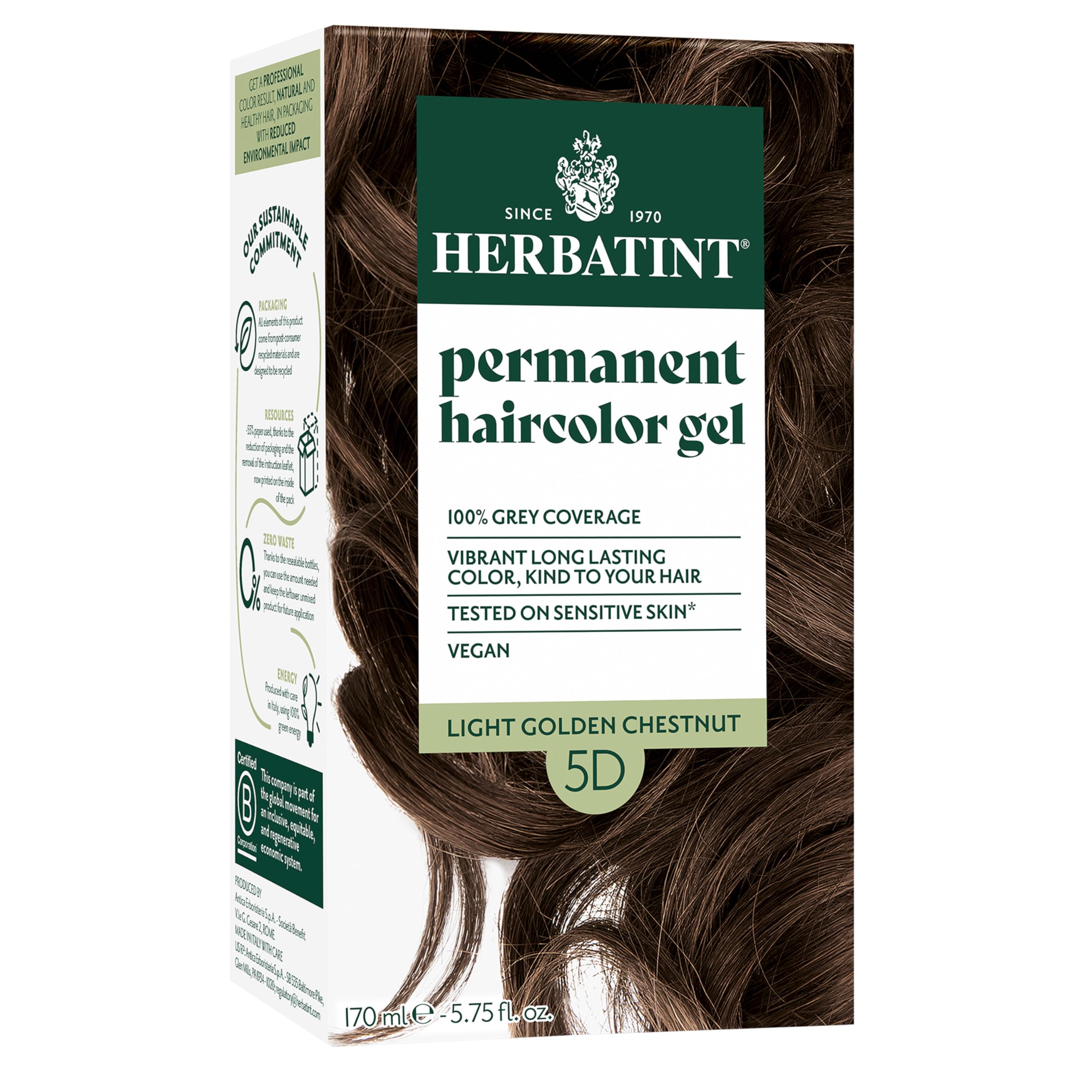 Herbatint Permanent Herbal Haircolor Gel, 5D Light Golden Chestnut, 4.56 Ounce