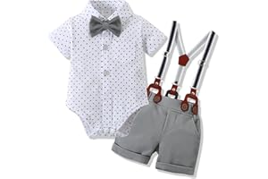 WESIDOM Baby Boy Clothes Suit 0-24 Months Infant Outfits Short Sleeve Dress Romper+Bowtie+Detachable Suspender Shorts Set