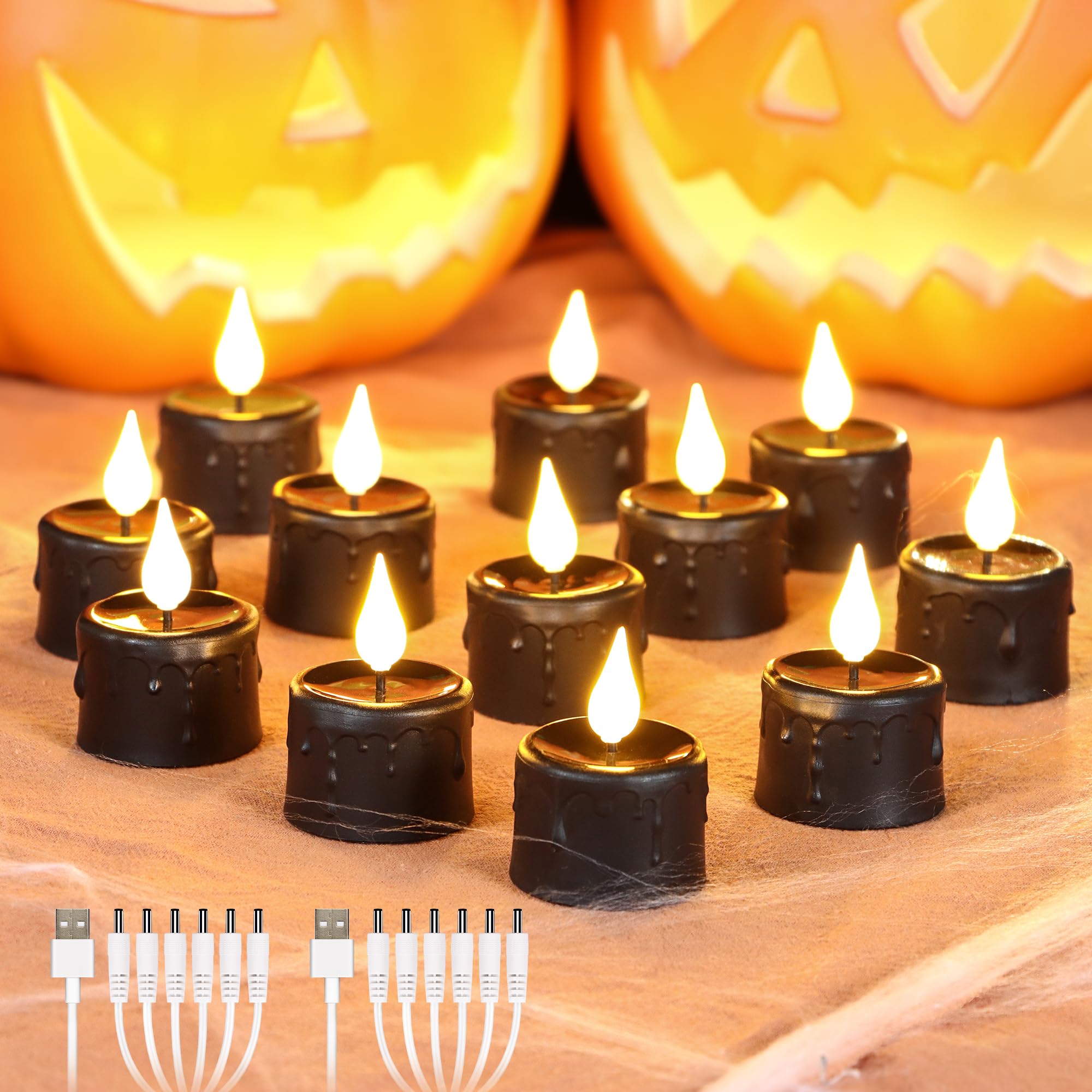 Photo 1 of FPOO Halloween Black Tea Light Candles, 12 Packs Rechargeable LED Tea Lights, Small Pumpkins Lights Flameless Fake Candles, Electric Candle Halloween décor (Build in Timer)