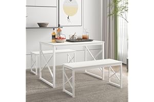 VECELO Kitchen Dining Table Benches Set for 4, 43.3" Wooden Dinette with 2 Benches, Heavy-Duty Dining Room Table for Small Space, Breakfast Nook, White