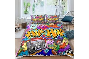Feelyou Trippy Bedding Set for Teens Boys Colorful Graffiti Comforter Cover Set Rock Music Sports Duvet Cover Kids Hip Hop Art Quilt Cover with 2 Pillowcases Queen