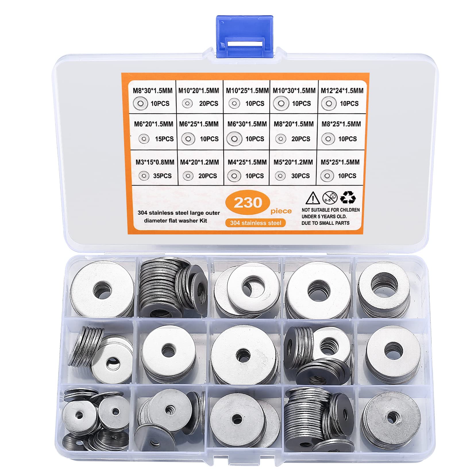 230 Pcs Large Flat Washer Set, Stainless Steel Washers, Lock Washers Assortment Kit, Metal Disc Nuts, 15 Sizes M3/M4/M5/M6/M8/M10/M12. (230 silver) — image 1