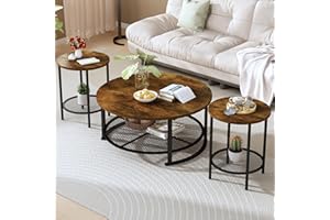 DKLGG 3-Piece Coffee Table and End Table Sets for Living Room, Round Coffee and End Table Set of 3 with Large Storage, Modern Farmhouse Furniture for Apartment Home (Rustic Brown)