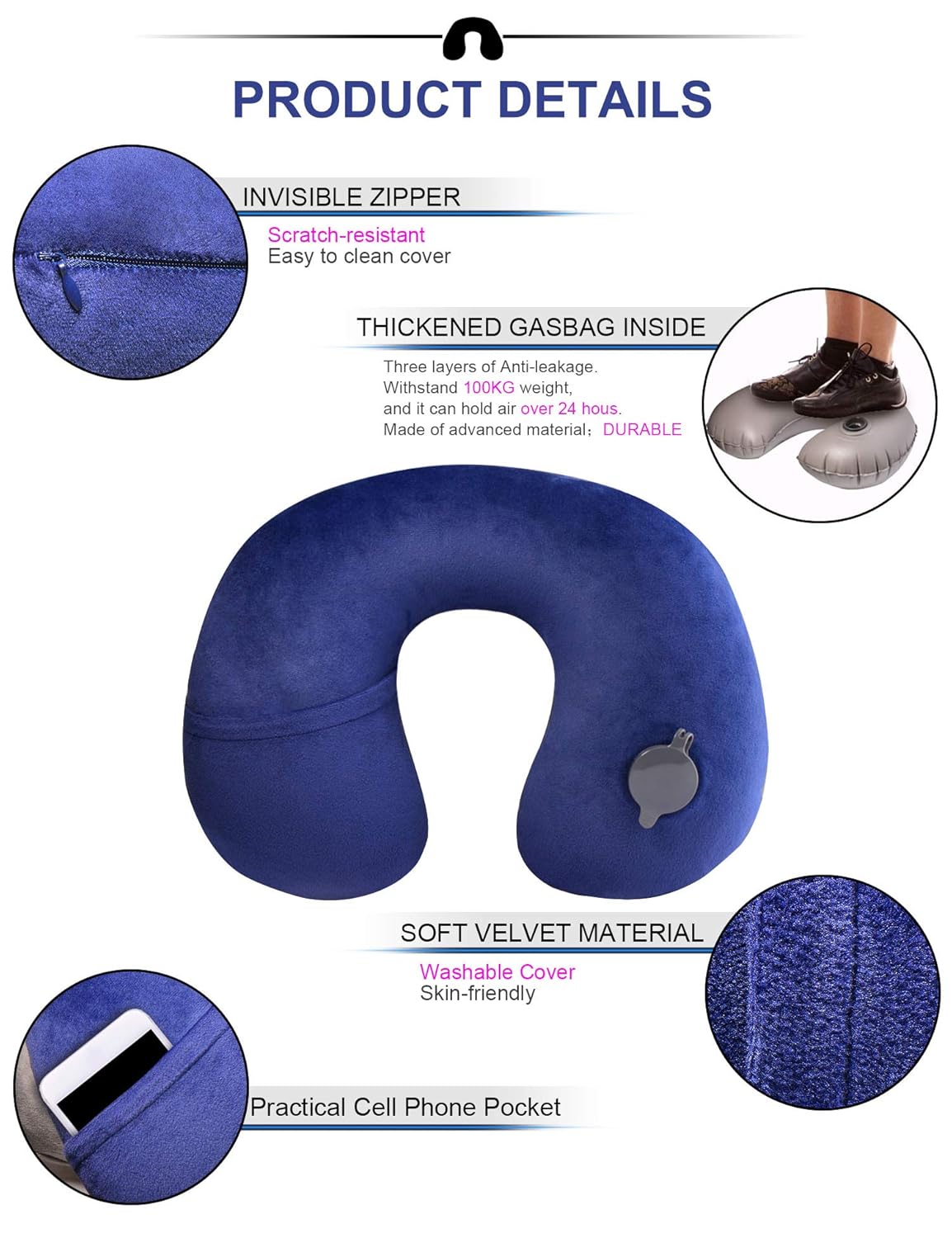 大きな取引 B07mqvddc4 ダークブルー 飛行機用 ドローコードバッグ アイマスク付き カバー 洗濯可能 ソフト 枕 飛行機 調節可能 U インフレータブルトラベルネックピロー Lotiyo 携帯枕 4 H Org