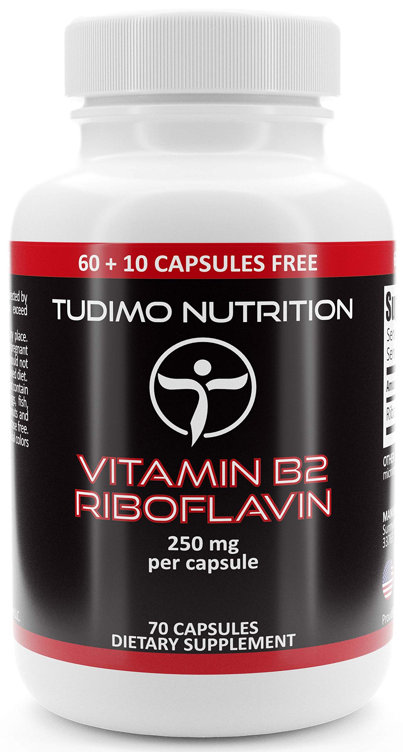 Vitamin B2 Riboflavin 250 mg Capsules - 70 pcs (2+ Month Supply) of Rapidly Disintegrating Capsules, Each with 250mg of Premium Quality & Pure Riboflavin Powder, by TUDIMO