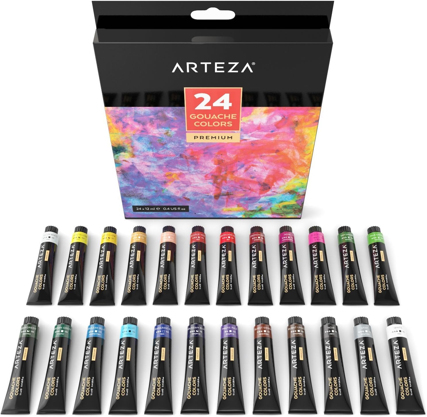 ARTEZA Gouache Paint, Set of 24 Colors/Tubes (24x12ml/0.4oz) with Storage Box, Rich Pigments, Vibrant, Non Toxic Paints for The Professional Artist, Hobby Painters & Kids, Ideal for Canvas Painting : Office Products
