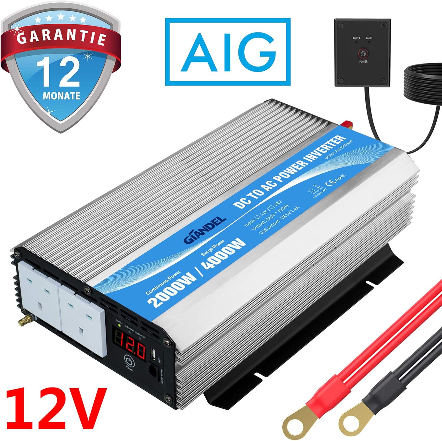 Power Inverter 2000W DC 12V to AC 240V converter with Amazon.co.uk