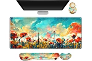 ARTSO Gaming Mouse Pad Wrist Support Set, XXL Large Desk Mat Mousepad + Keyboard Wrist Support+ Mouse Wrist Rest+Coaster 4in1 Ergonomic, Stitched Edge for Home Office -Oil Painting Flowers Plants