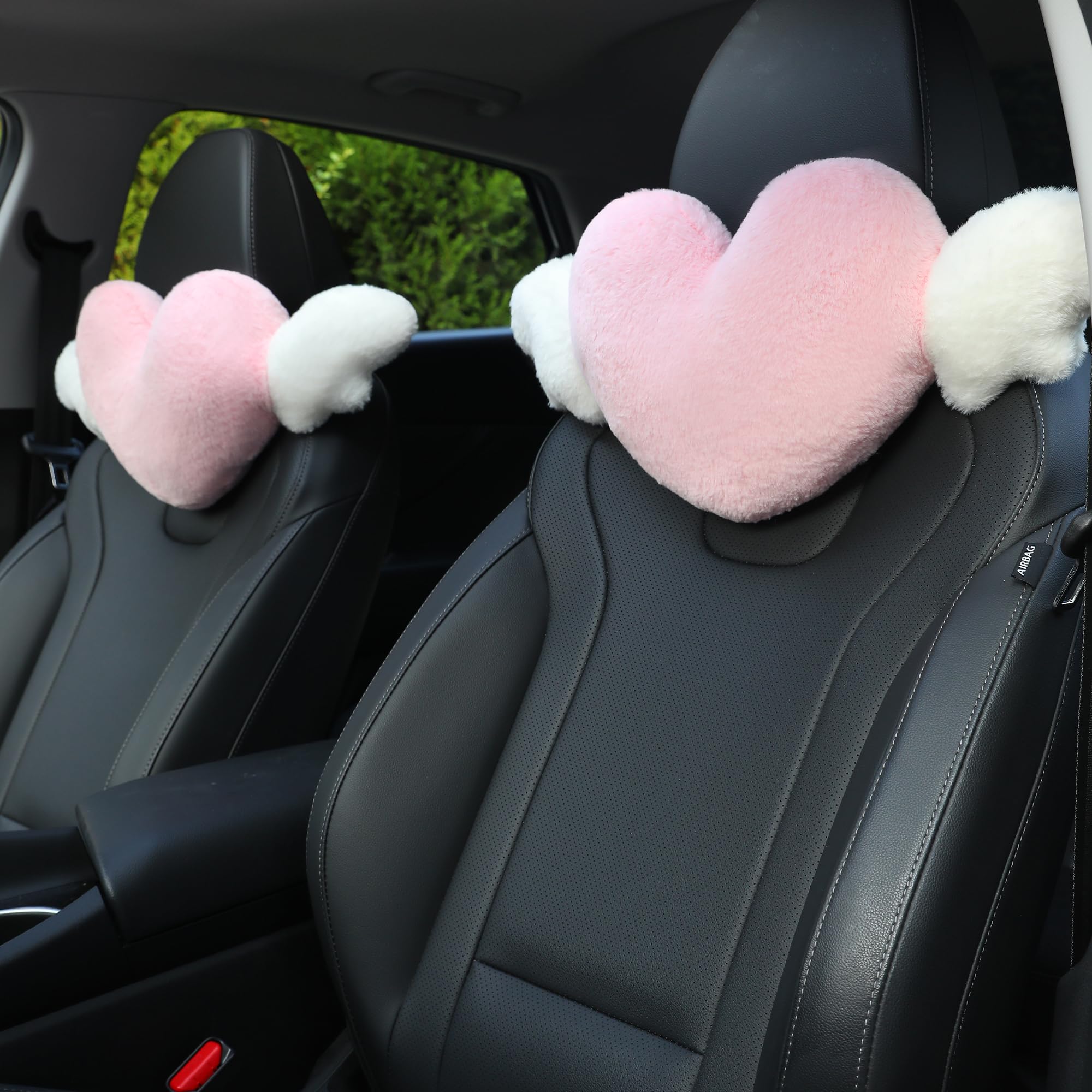 Photo 1 of 2 Pack Heart Shaped Cute Car Headrest Pillow with Angel Wings - Comfortable Soft Head Rest Cushion Kawaii Car Accessories Neck Pillow for Driving Travelling Office Home Decor - Pink Love Heart