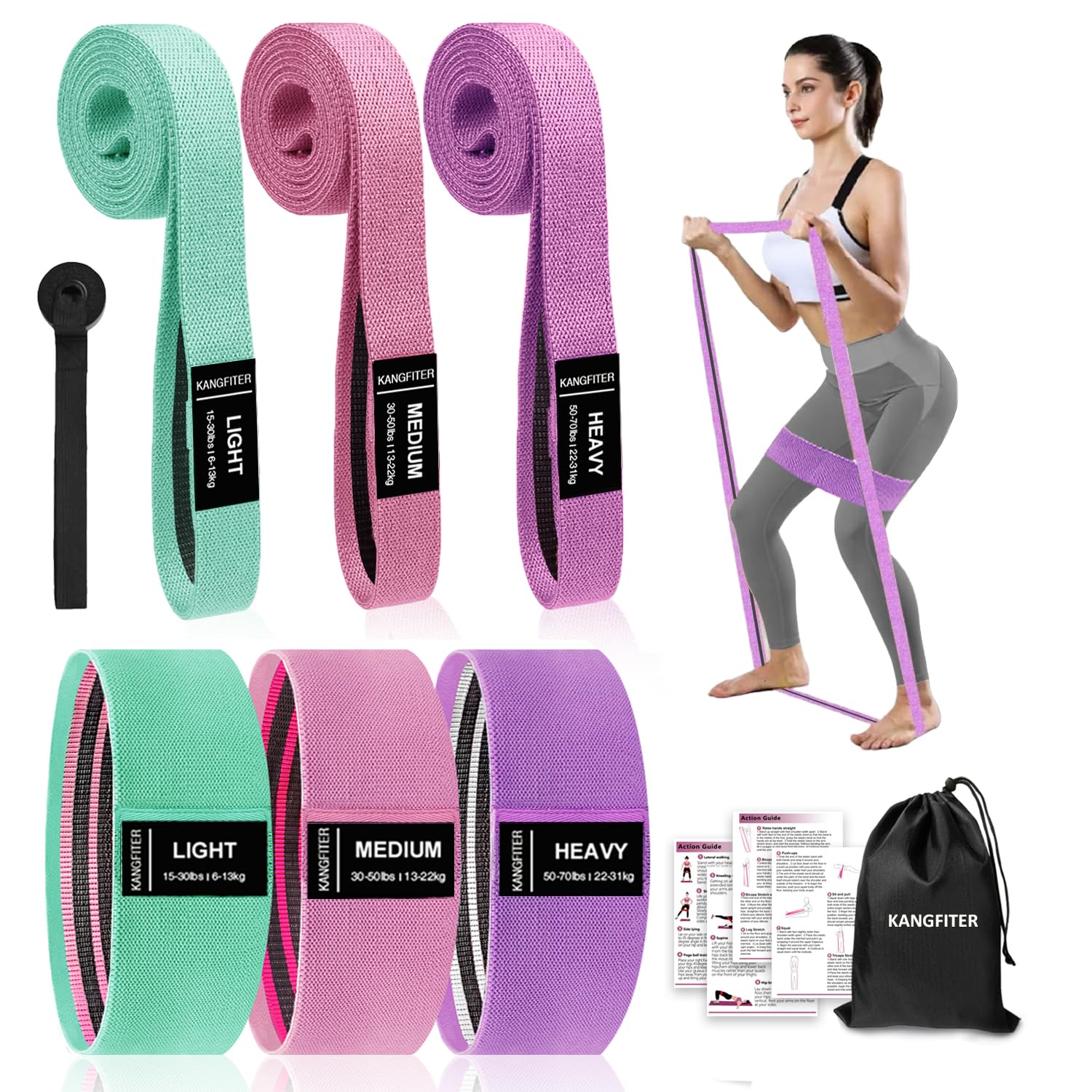 Photo 1 of KANGFITER Long and Short Fabric Resistance Bands with Door Anchor 7 PCS, Non-Slip Stretch Booty Bands for Working Out Women & Men, Loop Exercise Elastic Bands for Home Physical Therapy Yoga Pilates